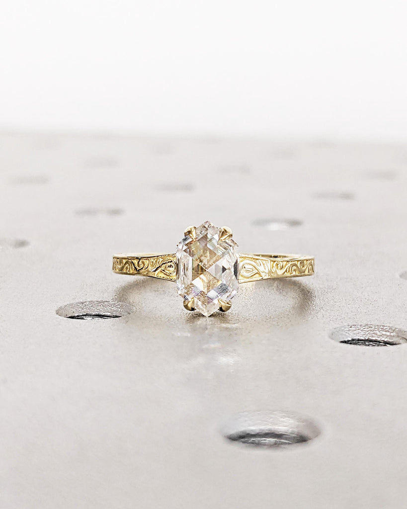 Hexagon Cut Moissanite Solitaire Vintage Inspired Engagement Ring | 14K Yellow Gold Filigree Engraving Wedding Band | Unique Gift for Her