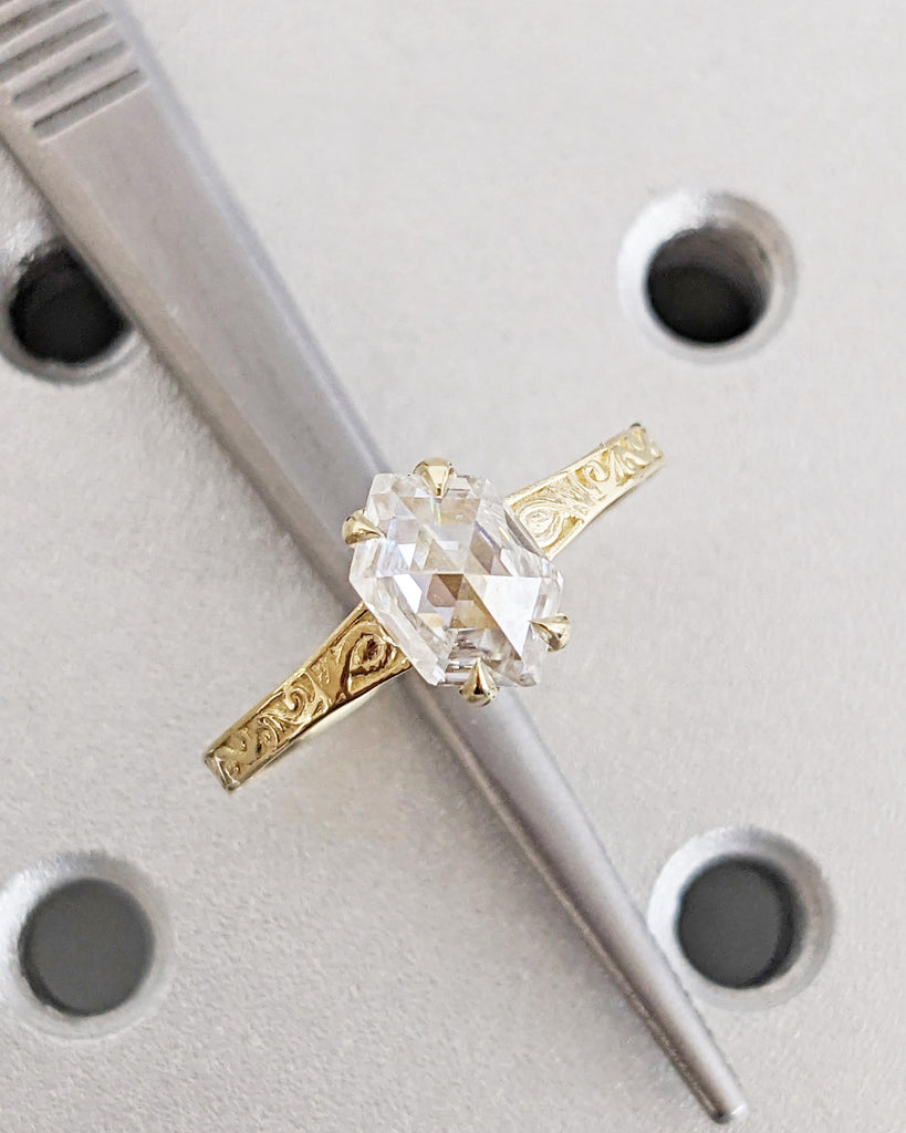 Hexagon Cut Moissanite Solitaire Vintage Inspired Engagement Ring | 14K Yellow Gold Filigree Engraving Wedding Band | Unique Gift for Her