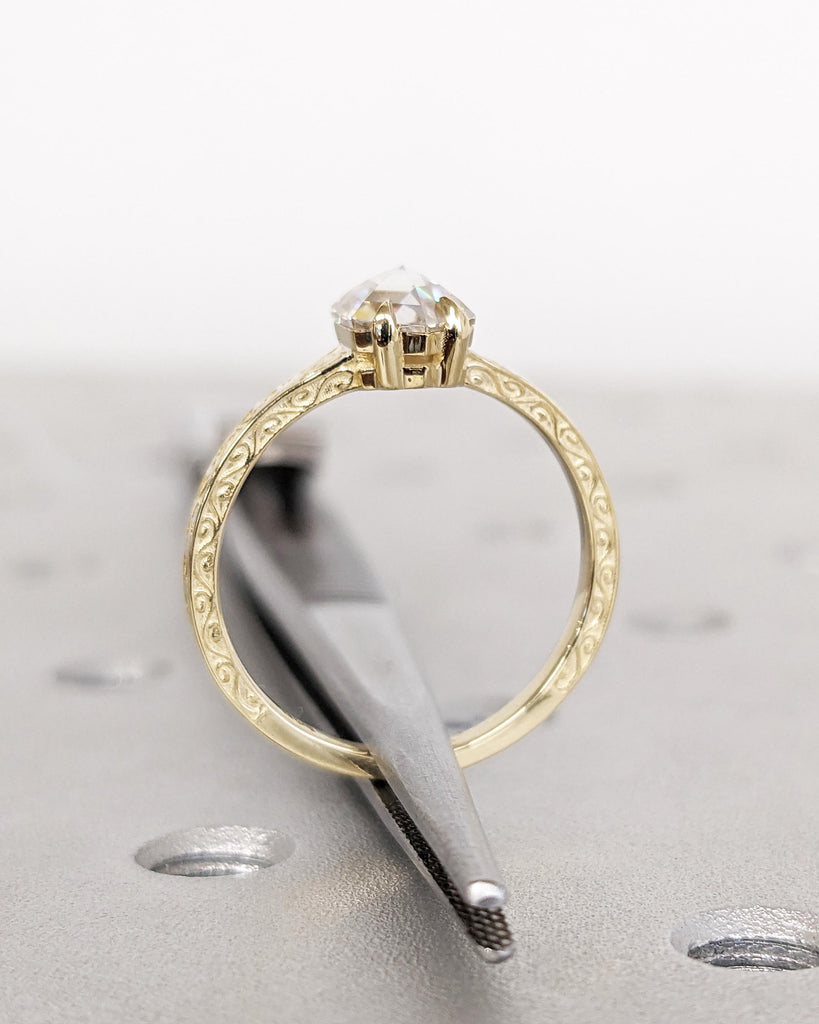 Hexagon Cut Moissanite Solitaire Vintage Inspired Engagement Ring | 14K Yellow Gold Filigree Engraving Wedding Band | Unique Gift for Her