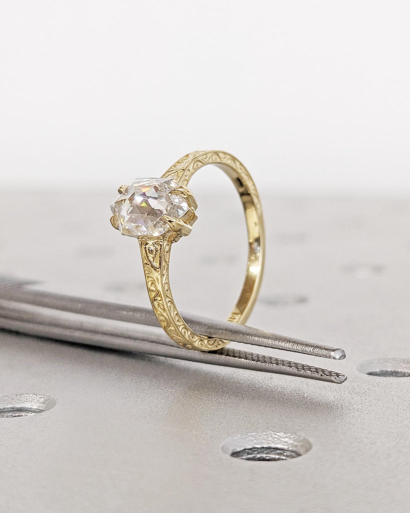 Hexagon Cut Moissanite Solitaire Vintage Inspired Engagement Ring | 14K Yellow Gold Filigree Engraving Wedding Band | Unique Gift for Her