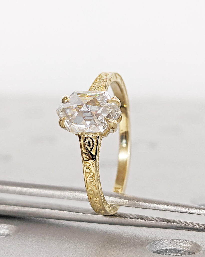 Hexagon Cut Moissanite Solitaire Vintage Inspired Engagement Ring | 14K Yellow Gold Filigree Engraving Wedding Band | Unique Gift for Her