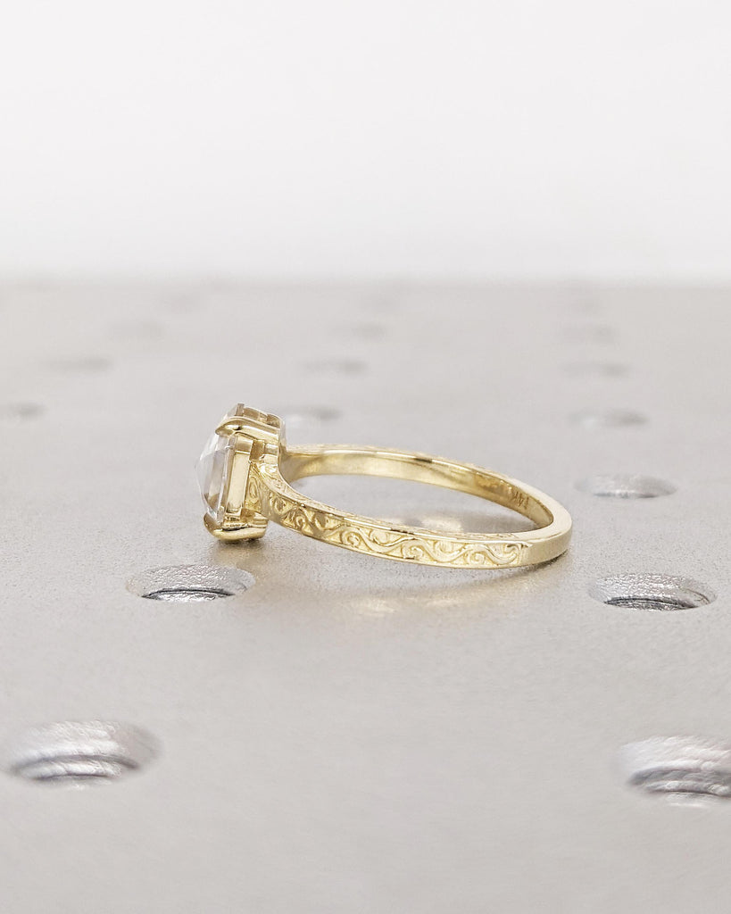 Hexagon Cut Moissanite Ring Vintage Moissanite Engagement Ring 14K Solid Gold Unique Classic Solitaire Engagement Ring Filigree Hand Carved