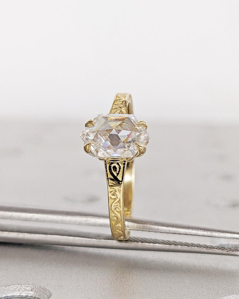 Hexagon Cut Moissanite Ring Vintage Moissanite Engagement Ring 14K Solid Gold Unique Classic Solitaire Engagement Ring Filigree Hand Carved