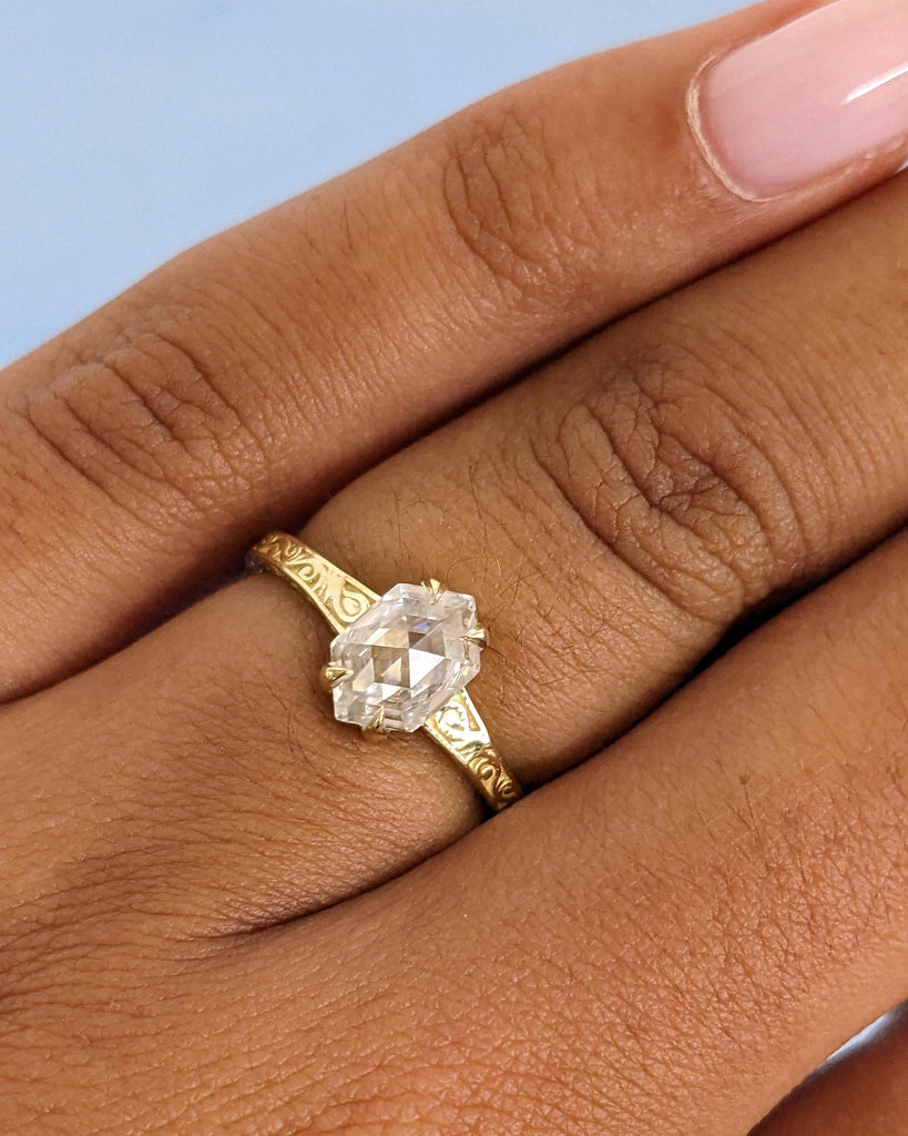 Hexagon Cut Moissanite Ring Vintage Moissanite Engagement Ring 14K Solid Gold Unique Classic Solitaire Engagement Ring Filigree Hand Carved
