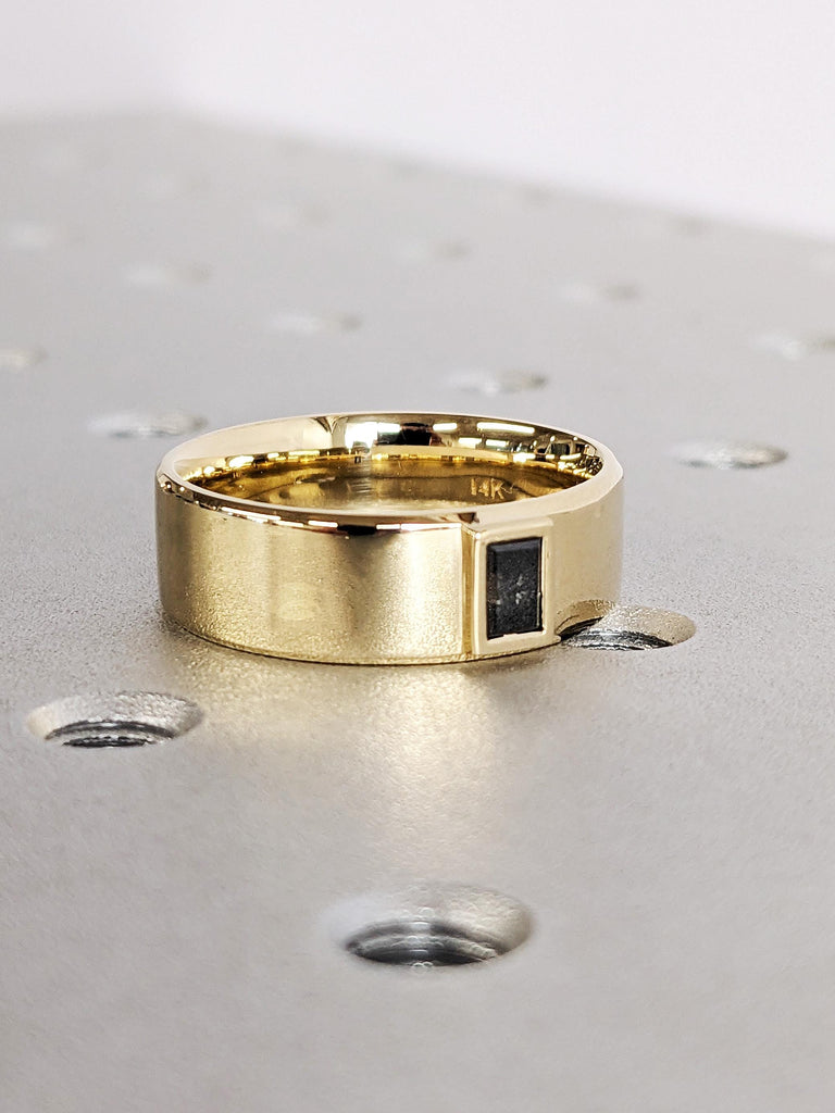 14K Yellow Gold Raw Salt & Pepper Diamond Wedding Band, Dainty Baguette Cut Diamond Ring, Solid Gold 7mm Band , Custom Men's Engagement Ring