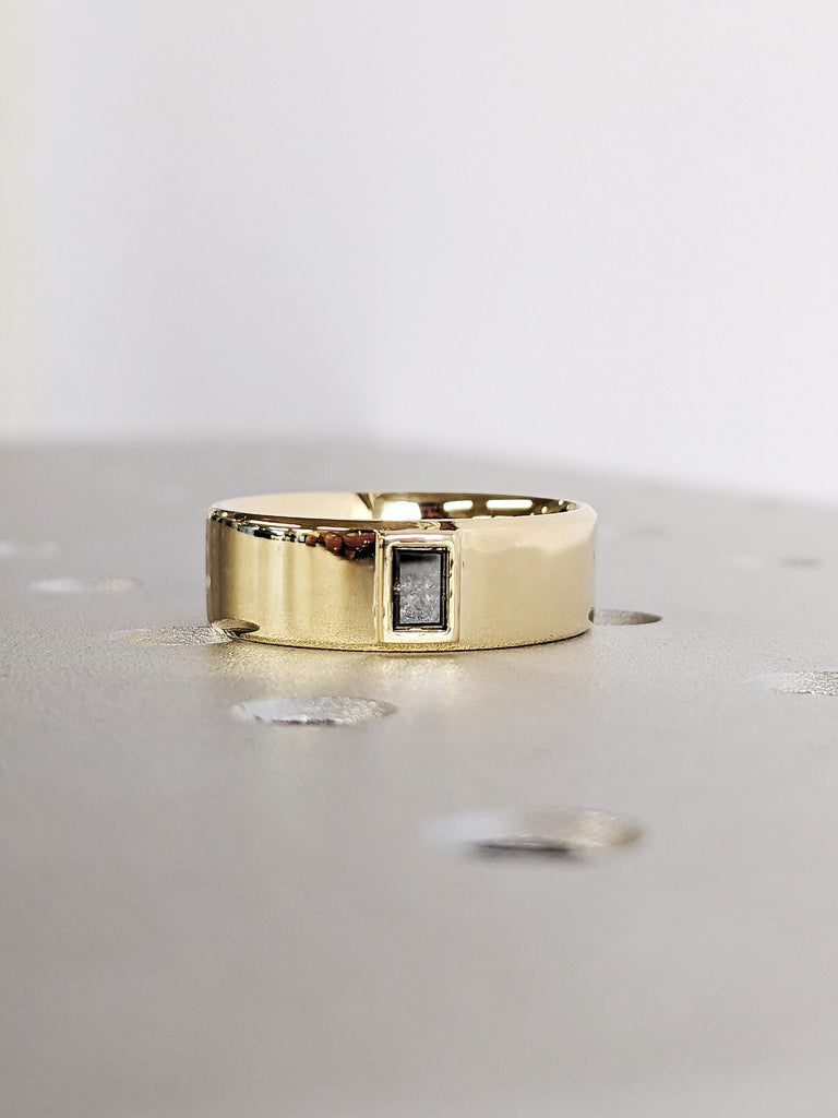 14K Yellow Gold Raw Salt & Pepper Diamond Wedding Band, Dainty Baguette Cut Diamond Ring, Solid Gold 7mm Band , Custom Men's Engagement Ring