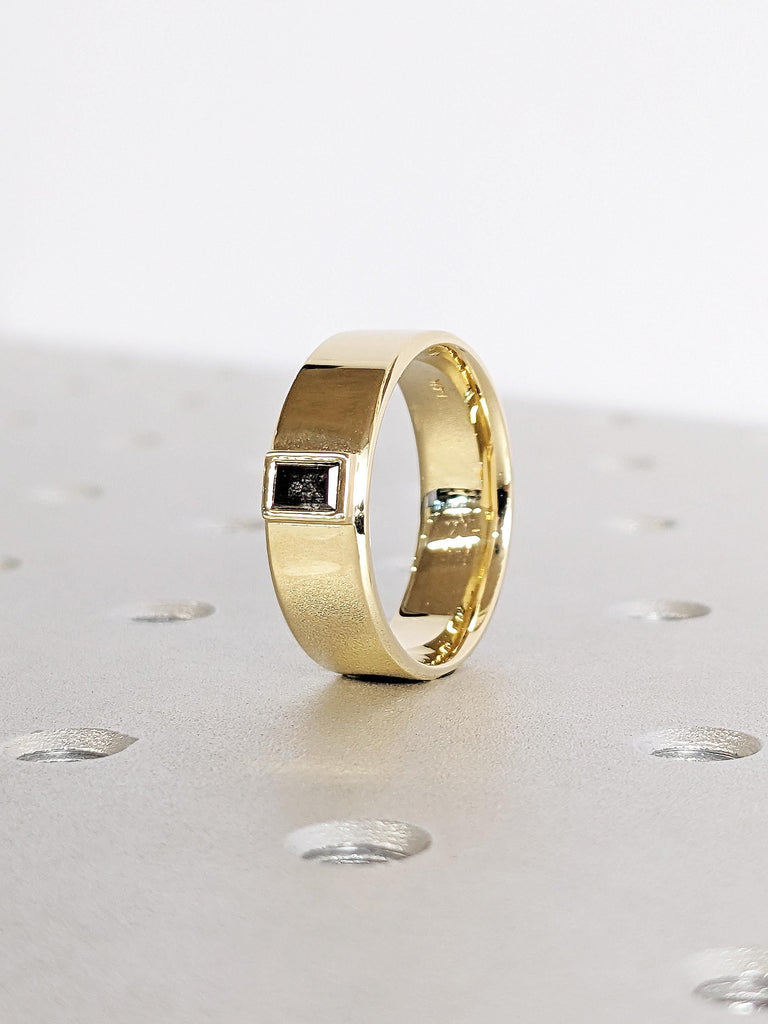 14K Yellow Gold Raw Salt & Pepper Diamond Wedding Band, Dainty Baguette Cut Diamond Ring, Solid Gold 7mm Band , Custom Men's Engagement Ring