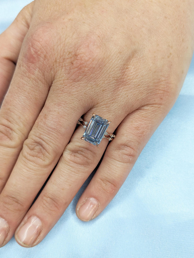 Emerald Cut Engagement Ring, Blue Grey Moissanite Ring