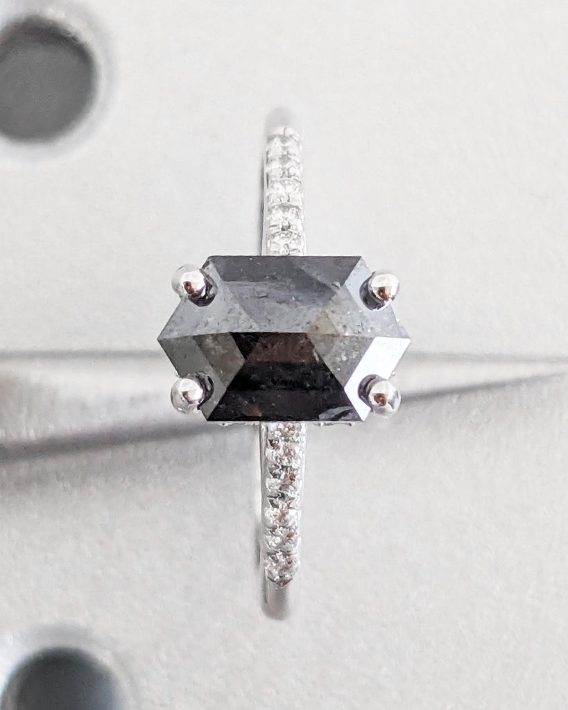 Dainty Hidden Halo Diamond Engagement Ring, Elongated Hexagon Cut Salt and Pepper Diamond Ring, Pavé Half Eternity Band Diamond Wedding Ring