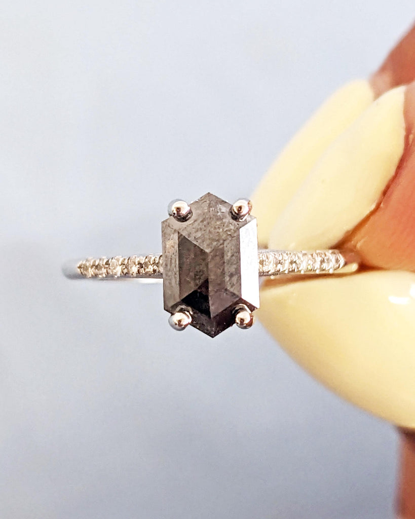 Vintage Solitaire Salt and Pepper Diamond Engagement Ring, Hidden Halo Hexagon Cut Diamond Wedding Ring, 14K Gold Half Eternity Promise Ring