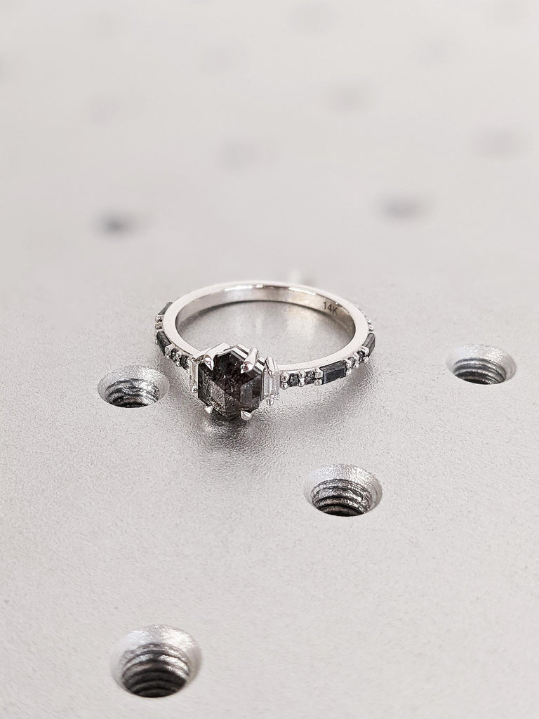 14K White Gold Geometric Salt And Pepper Diamond Engagement Ring, Dainty Baguette Cut White Diamond Ring, Pavé Salt And Pepper Diamond Band