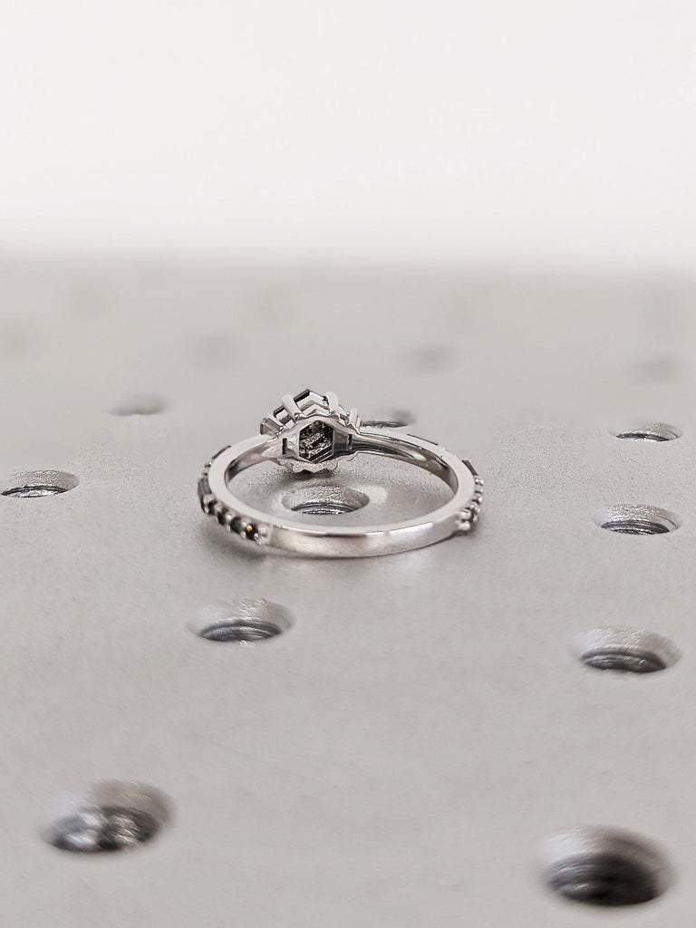 14K White Gold Geometric Salt And Pepper Diamond Engagement Ring, Dainty Baguette Cut White Diamond Ring, Pavé Salt And Pepper Diamond Band