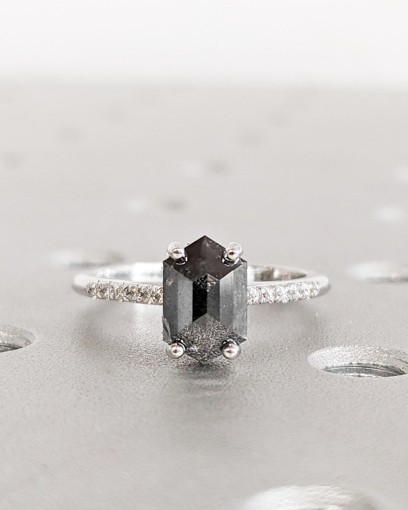 Vintage Solitaire Salt and Pepper Diamond Engagement Ring, Hidden Halo Ring, Hexagon Cut Diamond Wedding Ring, 14K White Gold Ring, Half Eternity Promise Ring for Her