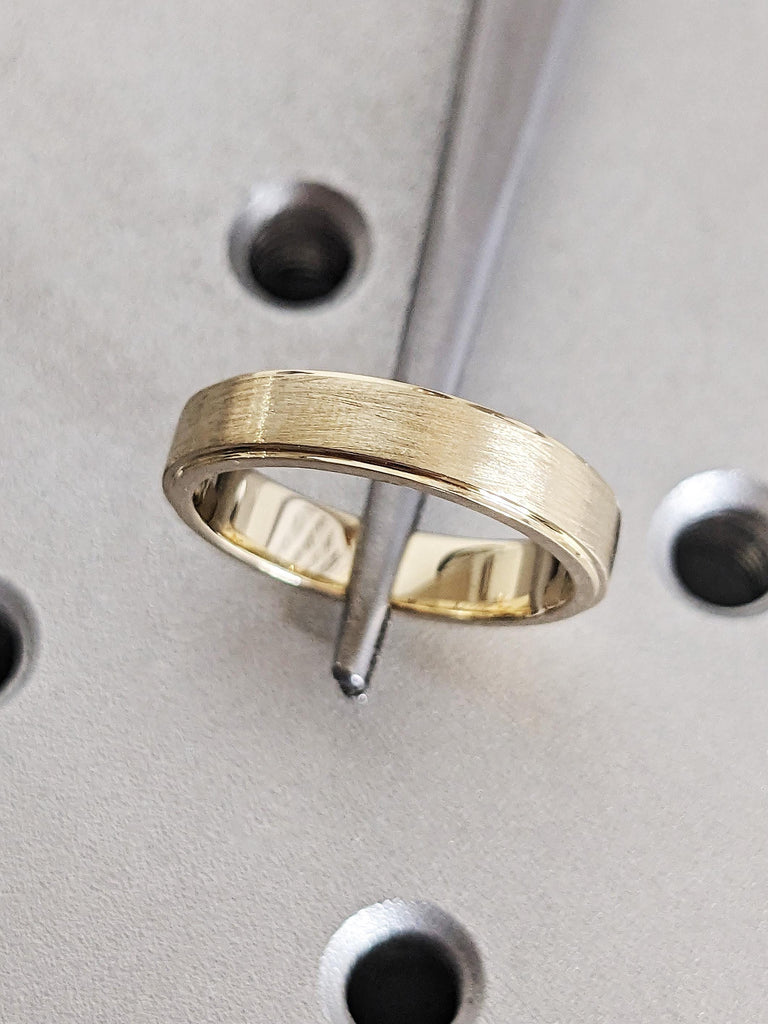 Classic 14K Solid Yellow Gold Round Tourmaline Wedding Band, Hidden Green Tourmaline Stepped Men's Ring, Brushed Top Custom Engagement Ring