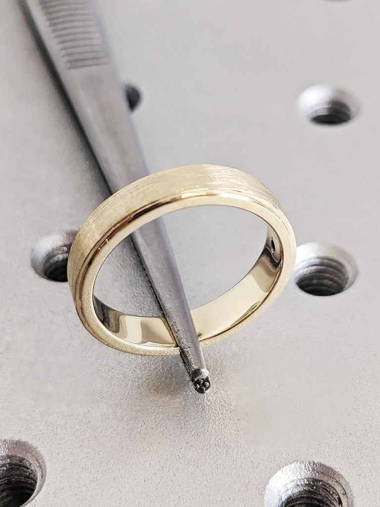 Classic 14K Solid Yellow Gold Round Tourmaline Wedding Band, Hidden Green Tourmaline Stepped Men's Ring, Brushed Top Custom Engagement Ring