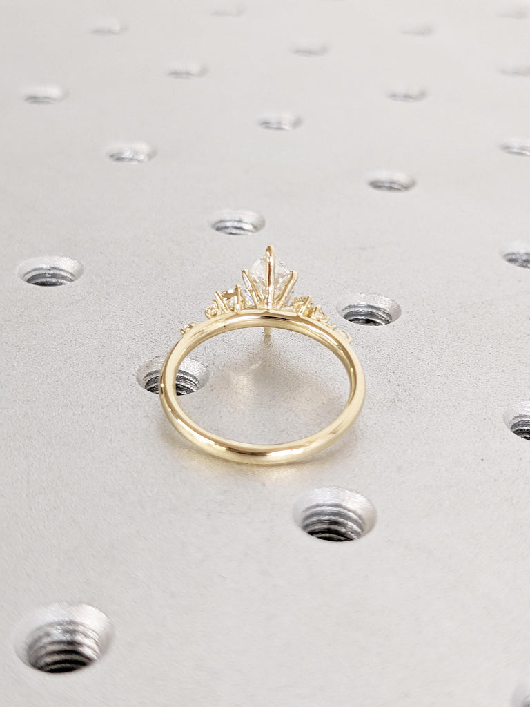 Art Deco Lab Grown Diamond Engagement Ring, Dainty Solid Gold Ring, Snowdrift Diamond Cluster Ring, Marquise Cut Ring, Bridal Gift for Her
