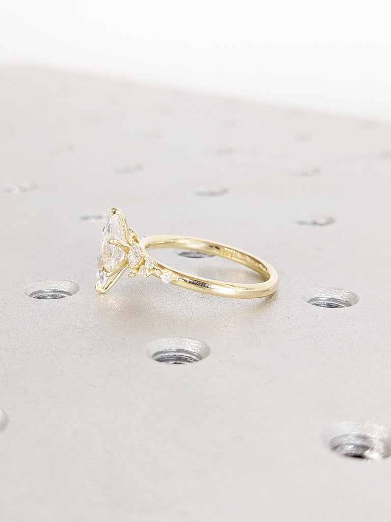 1ct Lab Grown Diamond Engagement Ring, Art Deco 14k Yellow Gold Wedding Ring, Marquise Cut Diamond Ring, Unique Snowdrift Lab Diamond Ring