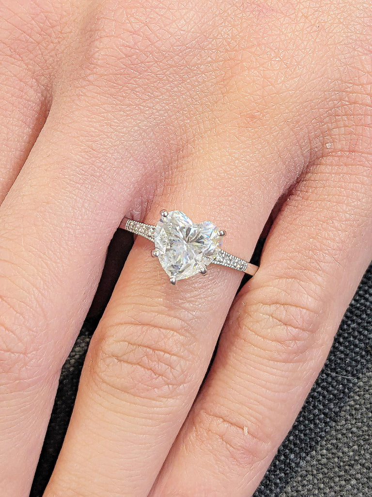 14K White Gold Heart Moissanite Ring | Vintage Art Deco Milgrain Engagement Ring | Unique Bridal Jewelry | Wedding Anniversary Gift for Her image #9
