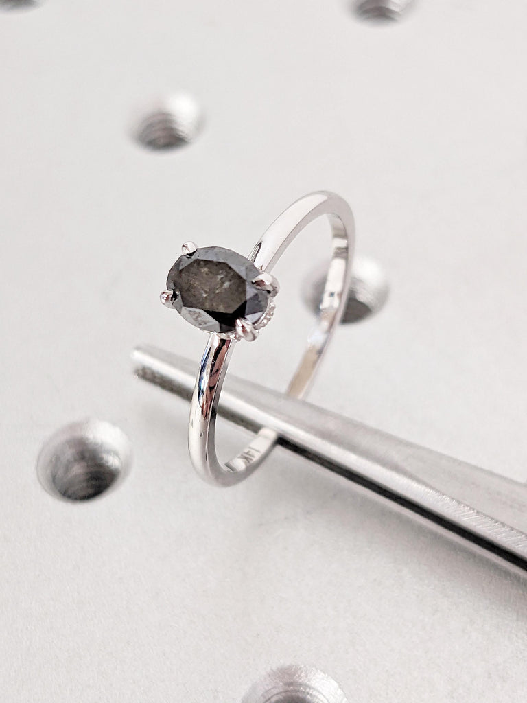 Salt and Pepper Diamond Ring, Oval Engagement Ring