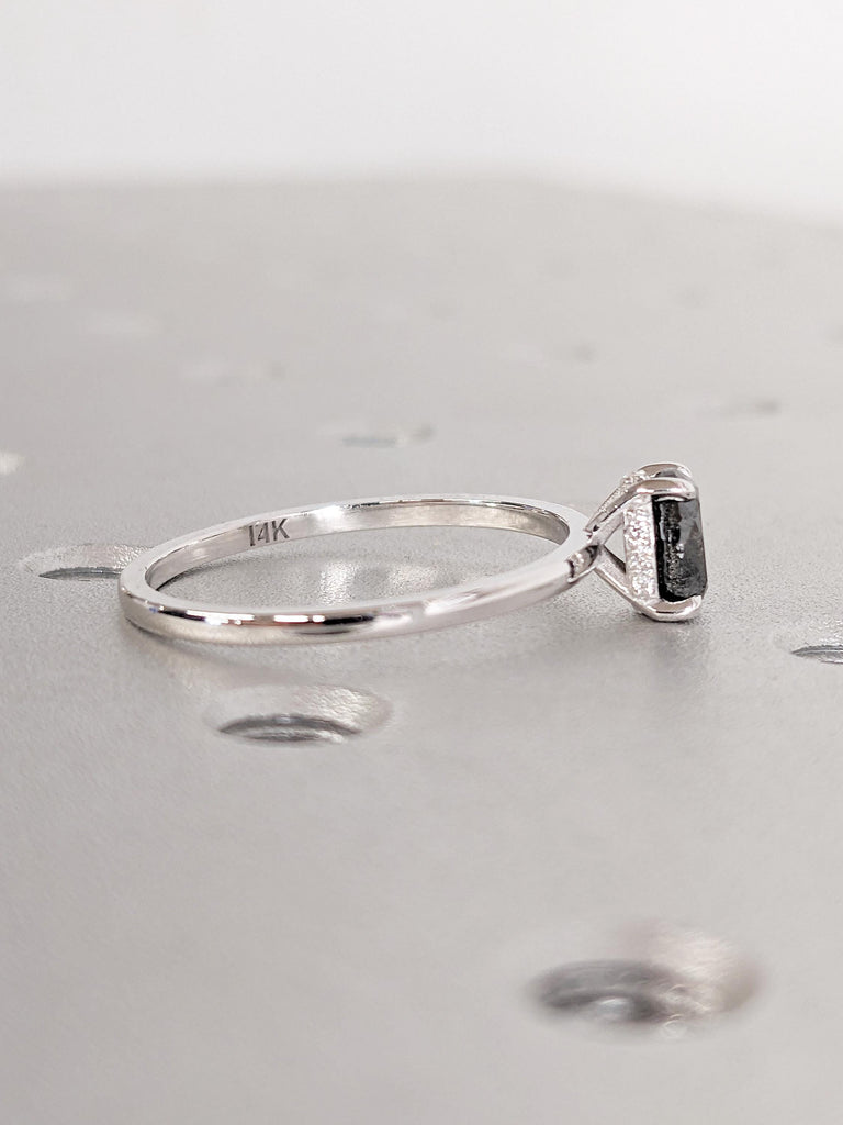 Salt and Pepper Diamond Ring, Oval Engagement Ring, Dainty 14k White Gold Ring, Minimalist Ring, Moissanite Hidden Halo Ring, Oval Cut Ring