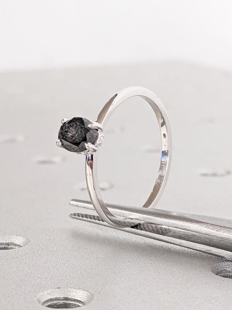 Salt and Pepper Diamond Ring, Oval Engagement Ring, Dainty 14k White Gold Ring, Minimalist Ring, Moissanite Hidden Halo Ring, Oval Cut Ring