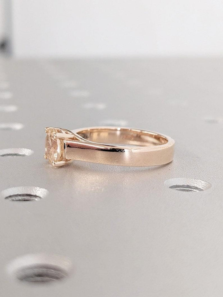 June Birthstone Round cut Pink Peach Morganite Proposal Ring | 14k Rose Gold Solitaire Ring | Plain Wide Band Gold Engagement Rings for Her
