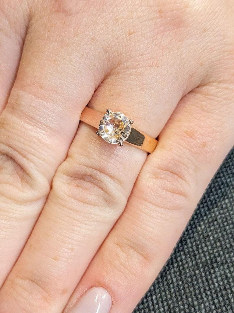 June Birthstone Round cut Pink Peach Morganite Proposal Ring | 14k Rose Gold Solitaire Ring | Plain Wide Band Gold Engagement Rings for Her