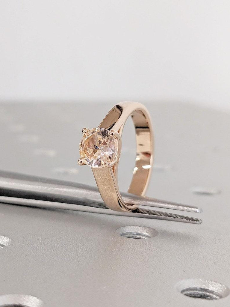 June Birthstone Round cut Pink Peach Morganite Proposal Ring | Rose Gold Solitaire Ring | Plain Gold Band