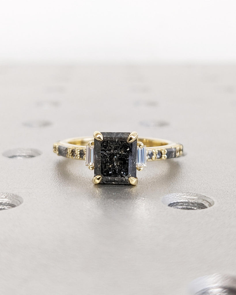 Raw Diamond Emerald Baguette Diamond, Geometric Galaxy Salt and Pepper Diamond Ring, Unique Engagement Ring, 14k Gold, Custom Art Deco Ring