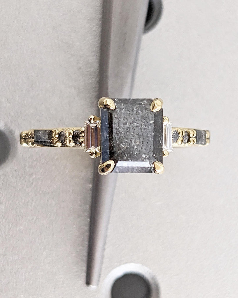 Raw Diamond Emerald Baguette Diamond, Geometric Galaxy Salt and Pepper Diamond Ring, Unique Engagement Ring, 14k Gold, Custom Art Deco Ring