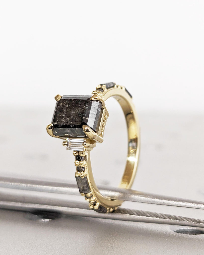 Raw Diamond Emerald Baguette Diamond, Geometric Galaxy Salt and Pepper Diamond Ring, Unique Engagement Ring, 14k Gold, Custom Art Deco Ring