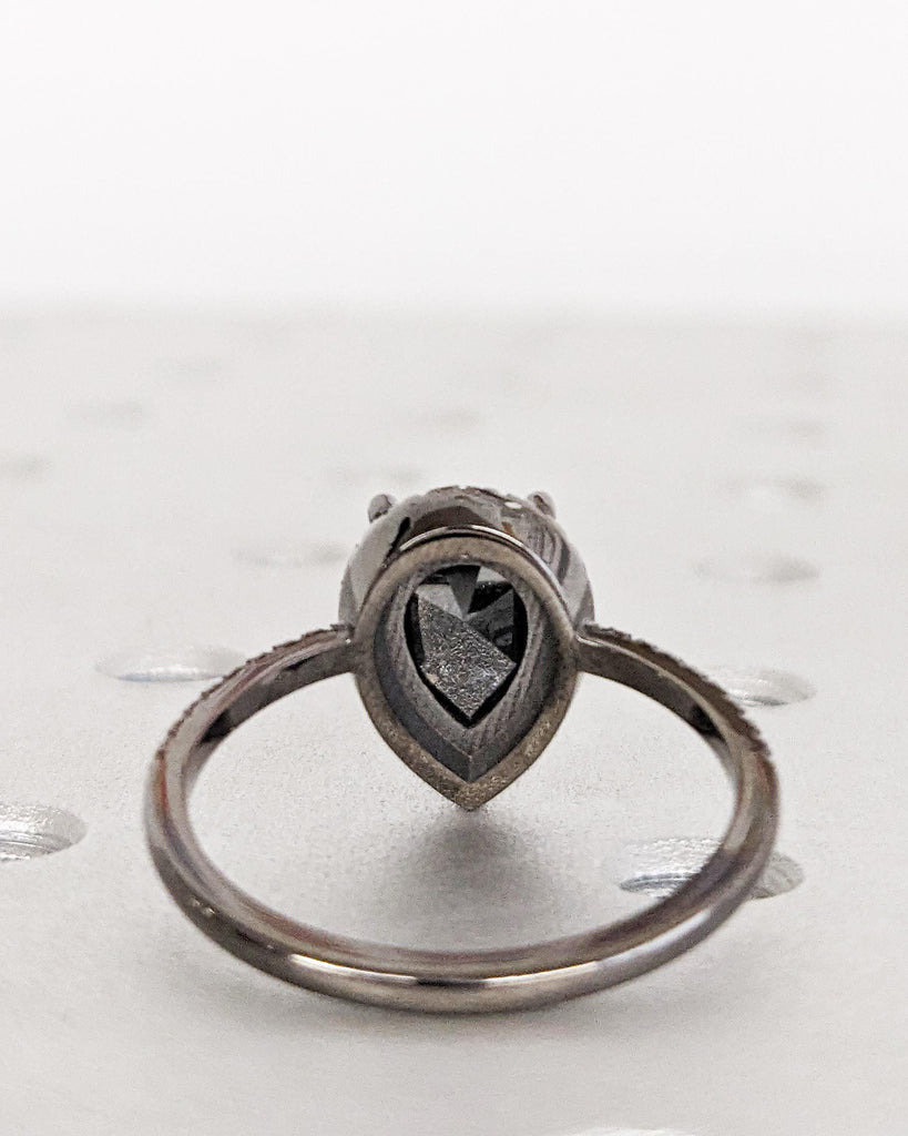 Galaxy Salt and Pepper Diamond Ring | Pear Cut Engagement Ring | Moissanite Halo Ring | Half Eternity Moissanite Band | 14k Black Gold Ring