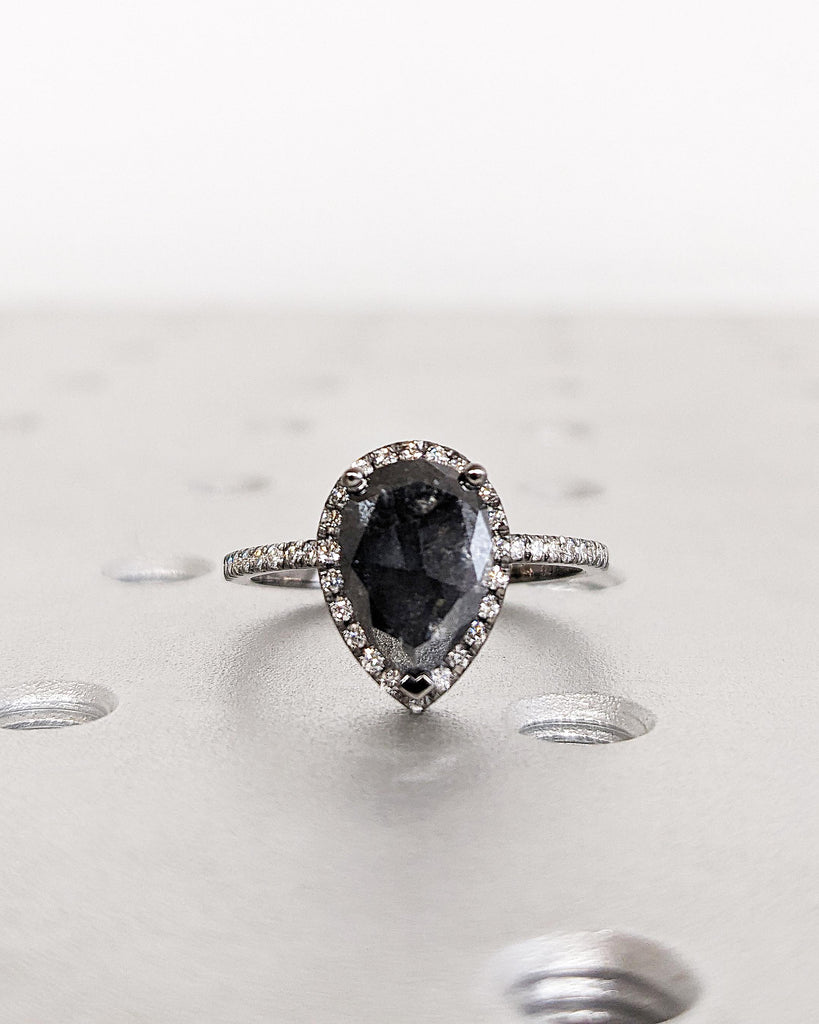 1920's Raw Salt and Pepper Diamond Halo | Galaxy Gray Pear Diamond Halo Ring | Unique Engagement Ring | Half Eternity Band | 14k Black Gold