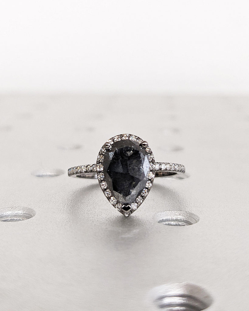 Galaxy Salt and Pepper Diamond Ring | Pear Cut Engagement Ring | Moissanite Halo Ring | Half Eternity Moissanite Band | 14k Black Gold Ring