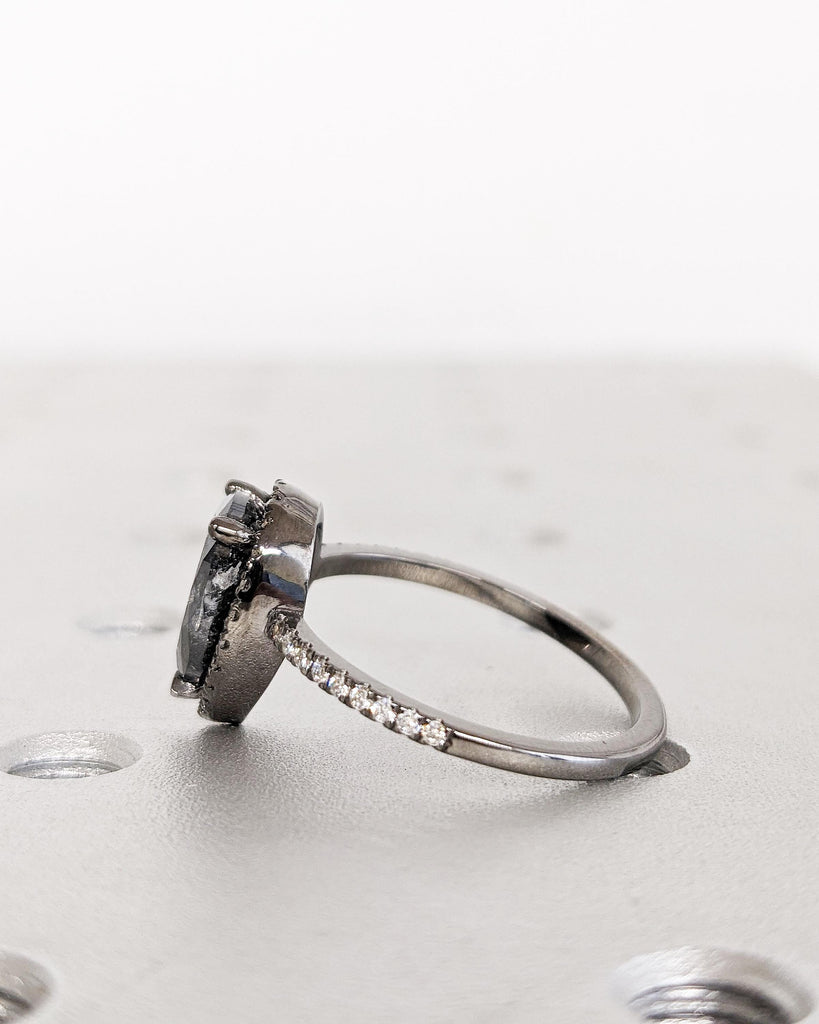 1920's Raw Salt and Pepper Diamond Halo | Galaxy Gray Pear Diamond Halo Ring | Unique Engagement Ring | Half Eternity Band | 14k Black Gold