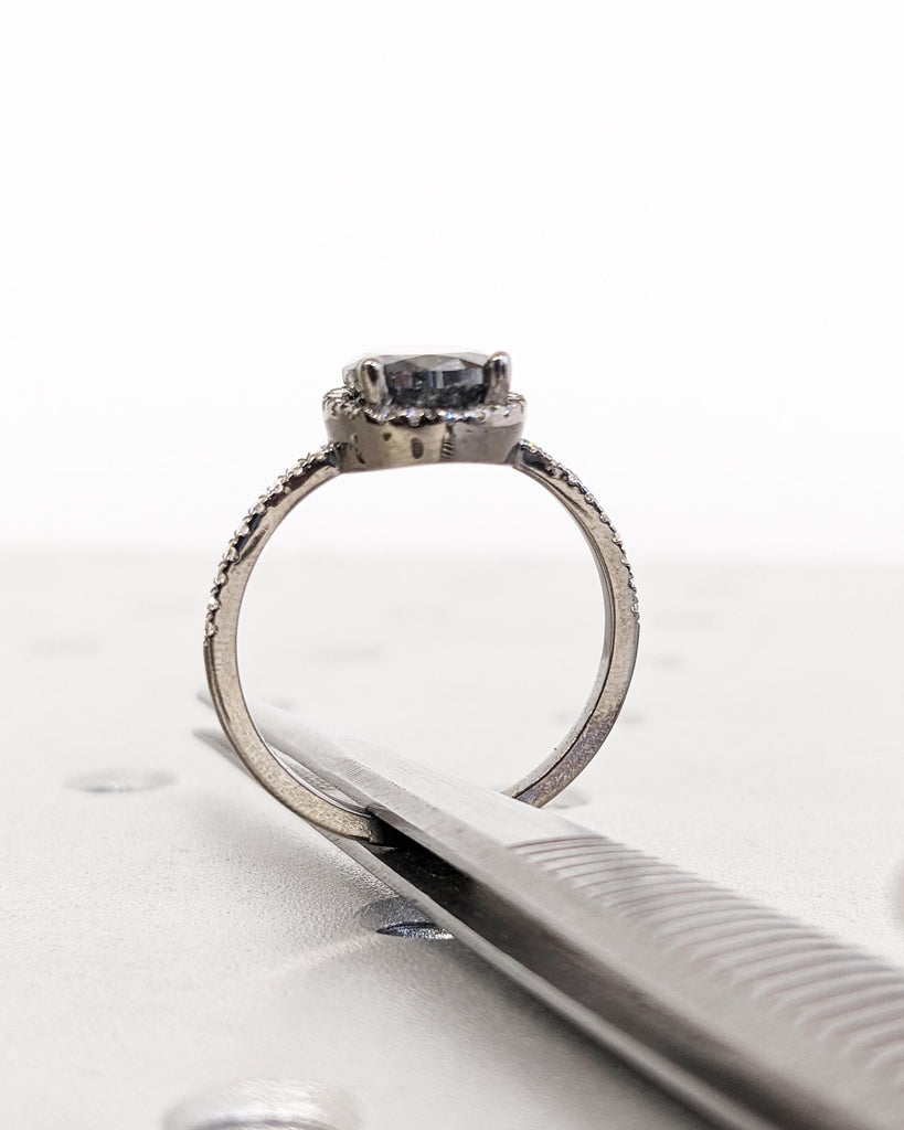 Vintage Pear Salt and Pepper Diamond Ring, Halo Engagement Ring, Half Eternity Moissanite Wedding Ring 14K Black Gold, Art Deco Promise Ring