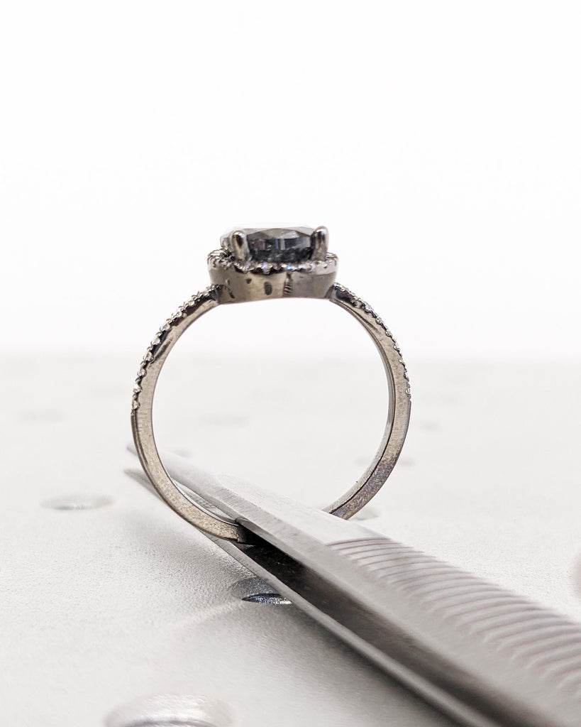 Galaxy Salt and Pepper Diamond Ring | Pear Cut Engagement Ring | Moissanite Halo Ring | Half Eternity Moissanite Band | 14k Black Gold Ring
