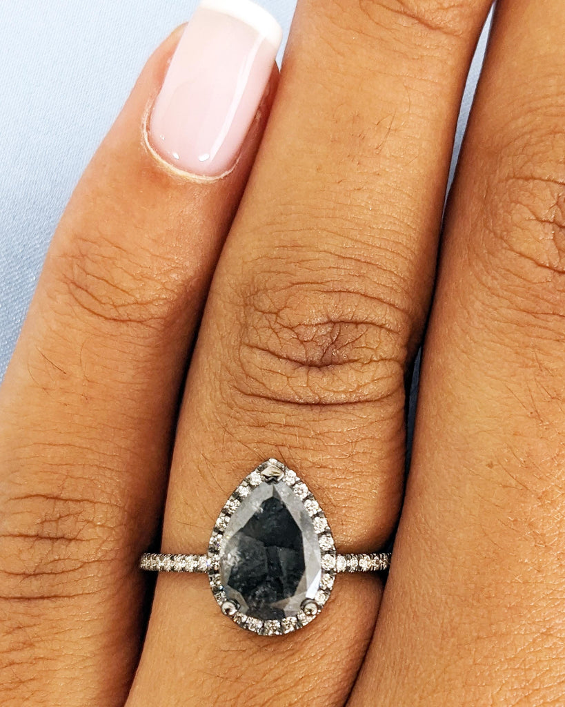 Galaxy Salt and Pepper Diamond Ring | Pear Cut Engagement Ring | Moissanite Halo Ring | Half Eternity Moissanite Band | 14k Black Gold Ring