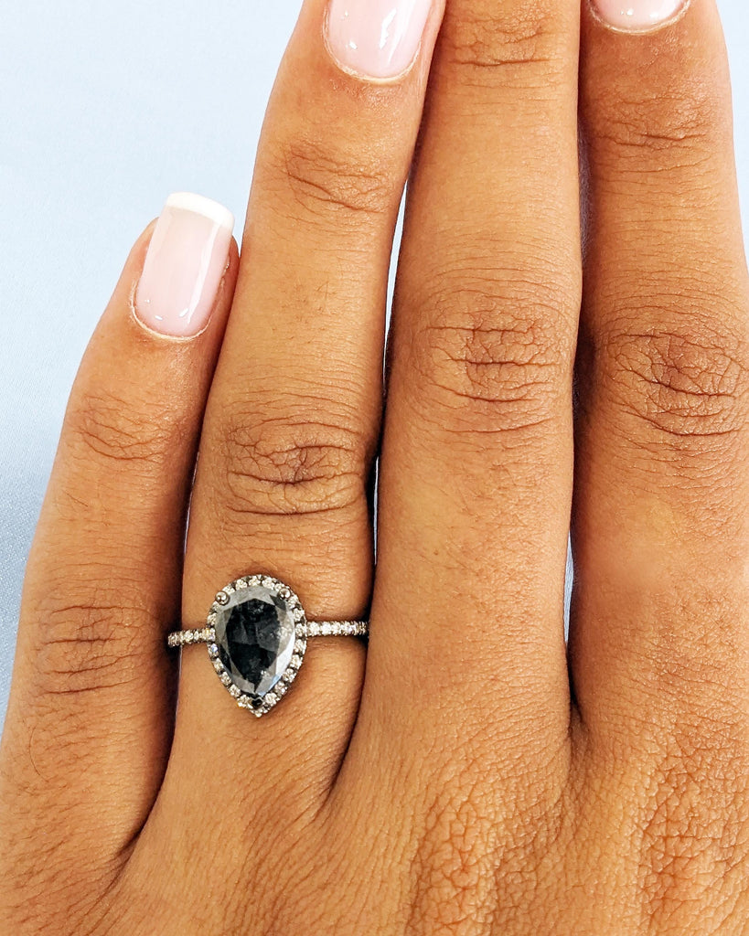 Galaxy Salt and Pepper Diamond Ring | Pear Cut Engagement Ring | Moissanite Halo Ring | Half Eternity Moissanite Band | 14k Black Gold Ring