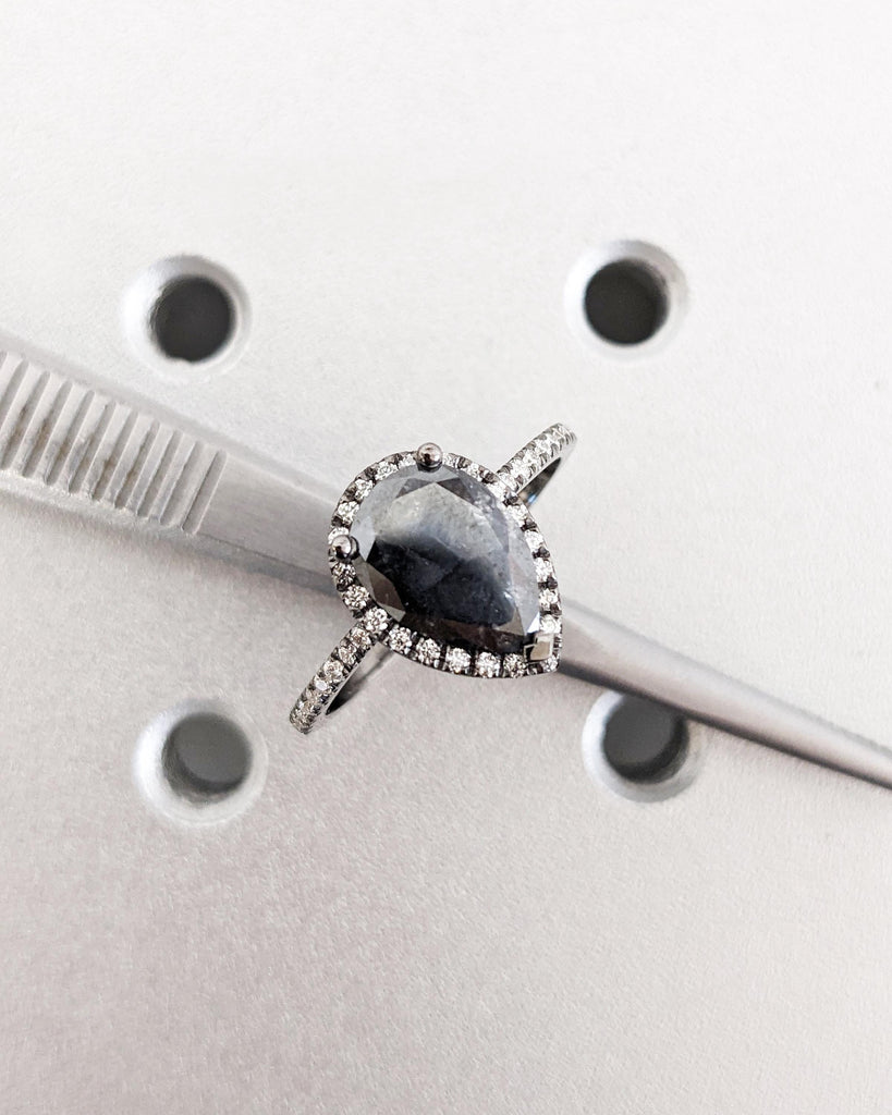 1920's Raw Salt and Pepper Diamond Halo | Galaxy Gray Pear Diamond Halo Ring | Unique Engagement Ring | Half Eternity Band | 14k Black Gold