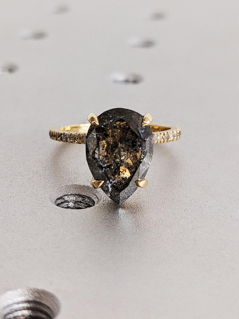 Personalized Raw Pear Cut Salt & Pepper Diamond Engagement Ring, 18K Solid Yellow Gold Hidden Halo Ombre Diamond Ring, 4 Prong Diamond Ring
