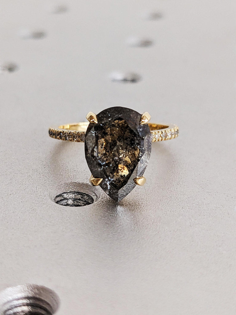 18K Yellow Gold Pear Cut Salt and Pepper Diamond Wedding Ring, Dainty Hidden Halo Diamond Engagement Ring, Custom Ombre Diamond Pavé Band