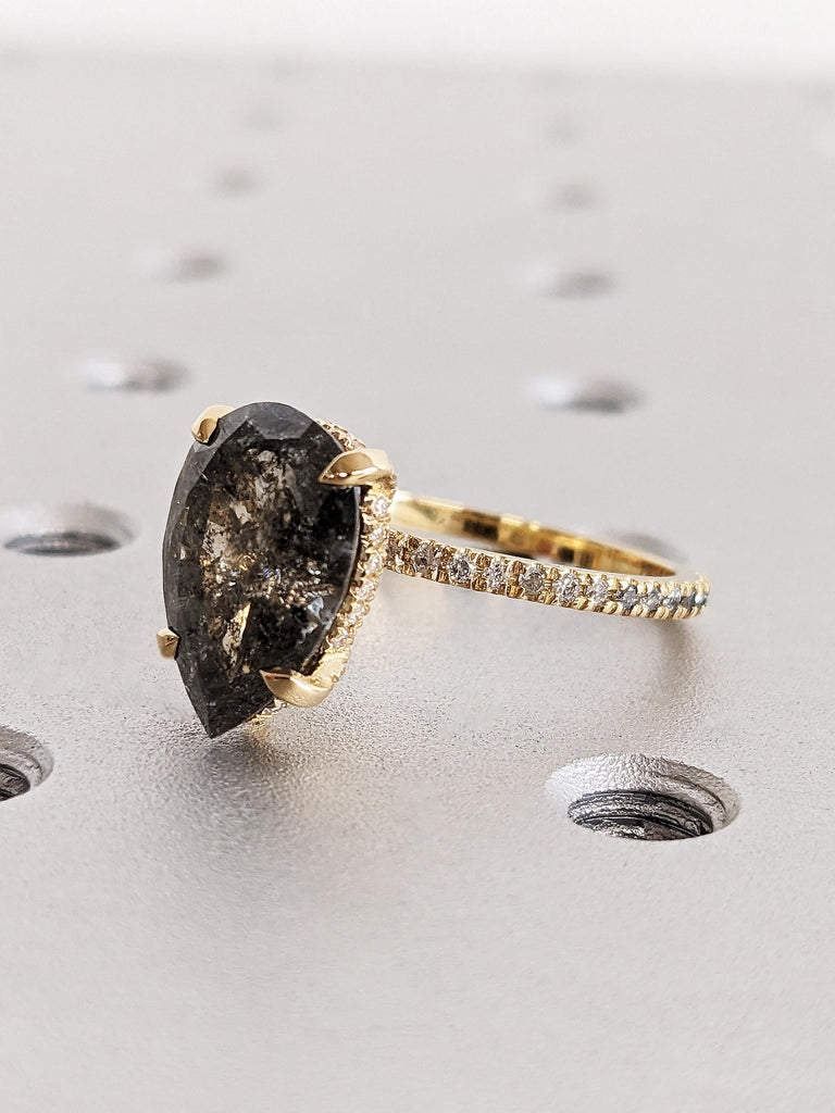 18K Yellow Gold Pear Cut Salt and Pepper Diamond Wedding Ring, Dainty Hidden Halo Diamond Engagement Ring, Custom Ombre Diamond Pavé Band