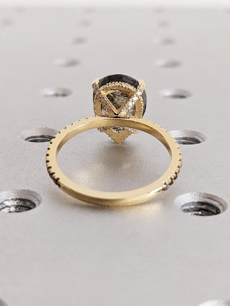 Personalized Raw Pear Cut Salt & Pepper Diamond Engagement Ring, 18K Solid Yellow Gold Hidden Halo Ombre Diamond Ring, 4 Prong Diamond Ring