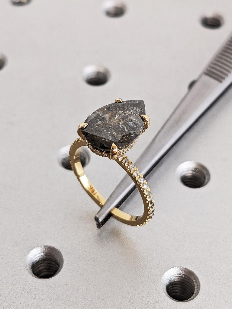 Personalized Raw Pear Cut Salt & Pepper Diamond Engagement Ring, 18K Solid Yellow Gold Hidden Halo Ombre Diamond Ring, 4 Prong Diamond Ring