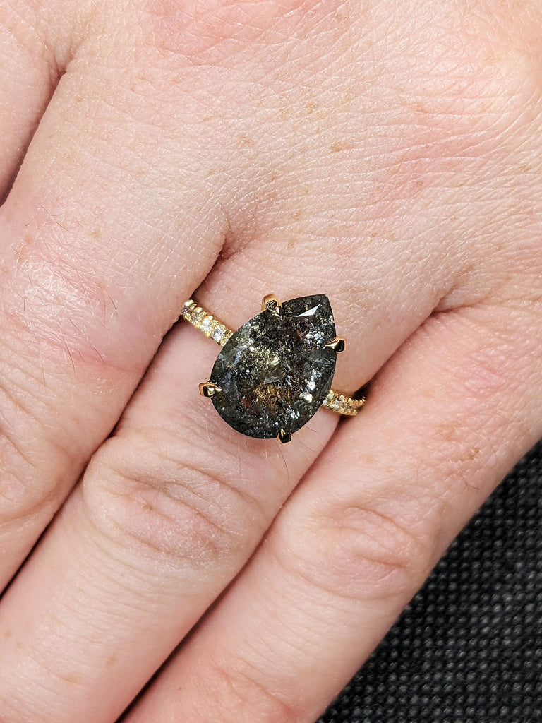Personalized Raw Pear Cut Salt & Pepper Diamond Engagement Ring, 18K Solid Yellow Gold Hidden Halo Ombre Diamond Ring, 4 Prong Diamond Ring