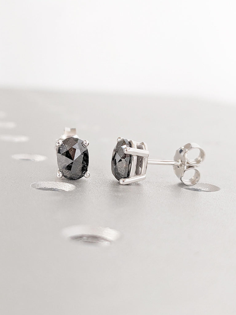 Oval Salt and Pepper Diamond Earring Set, Dainty 14k White Gold Earrings for Women, Unique Natural Diamond Stud Earring, Jewelry for Women