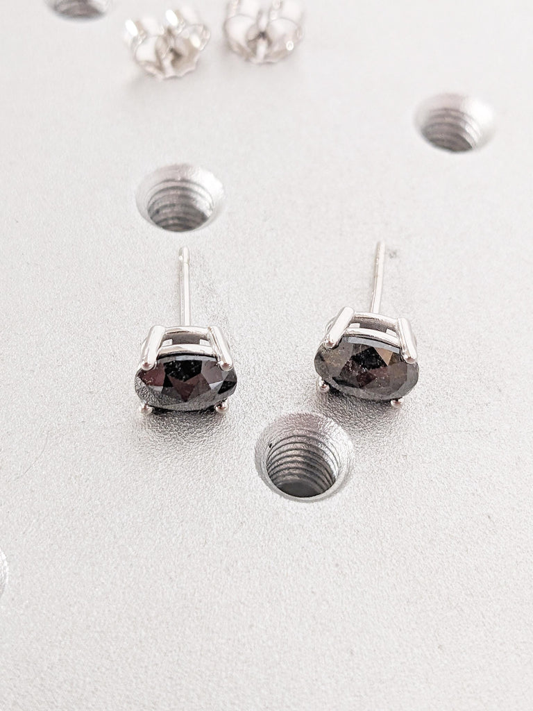 Oval Salt and Pepper Diamond Earring Set, Dainty 14k White Gold Earrings for Women, Unique Natural Diamond Stud Earring, Jewelry for Women