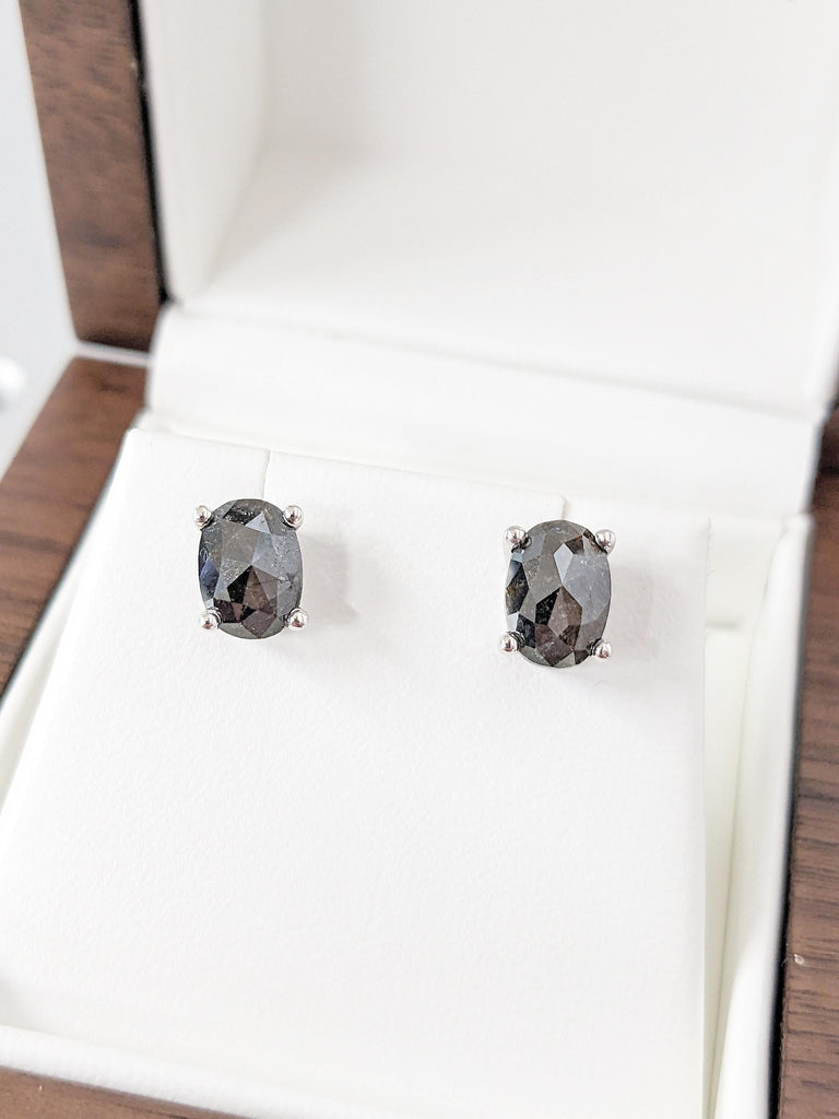 Oval Salt and Pepper Diamond Earring Set, Dainty 14k White Gold Earrings for Women