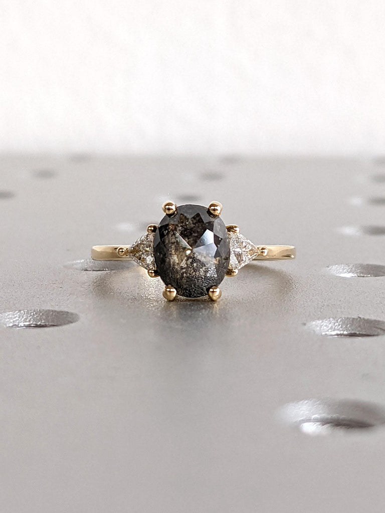 Oval cut Raw Salt and Pepper Diamond Unique Engagement Ring | 18k Gold Galaxy Diamond Ring | Natural Black Diamond Promise Anniversary Ring